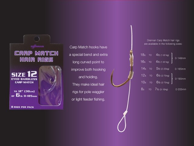 CARP MATCH HAIR RIGS - 16 to 4lb - 12\"